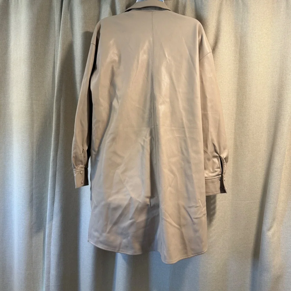 Verasona Faux Leather Shirt‎ Dress Beige Button Front Long Sleeve Career Medium
